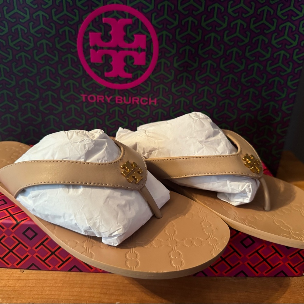 Tory Burch Beige Tan Logo Thong Sandals